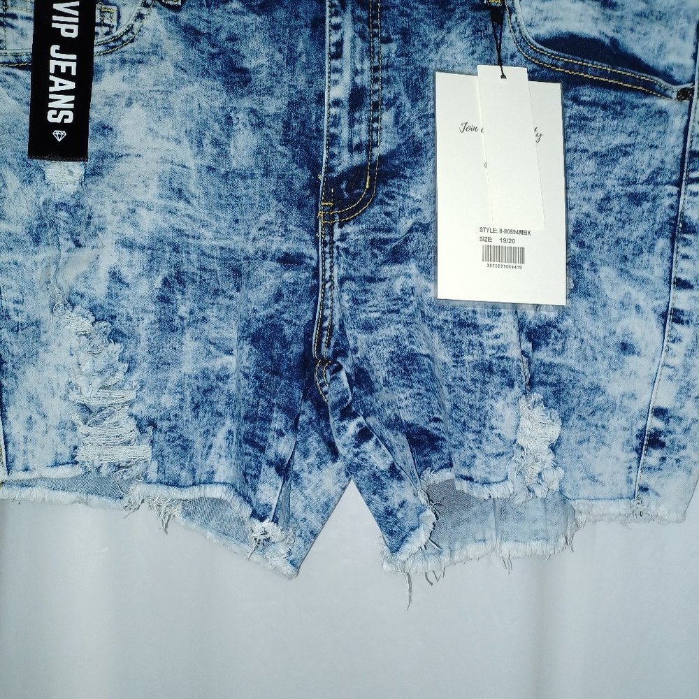 VIP JEANS ACID WASH JEAN SHORTS DISTRESSED RAW HEM SCULPTING STRETCH SIZE 19/20